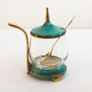 Vintage Metal & Glass Covered Jam Jelly Sugar Condiment Jar Bowl w/Spoon Israel